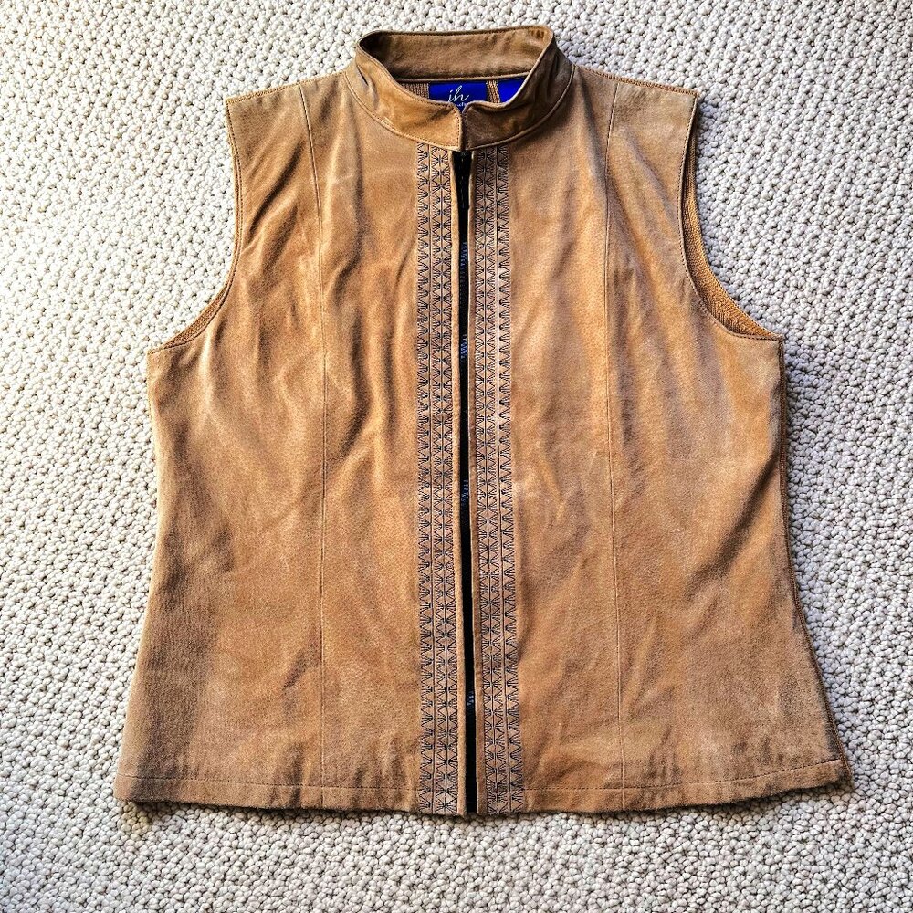 Vintage 100% Suede JH Collectibles Embroidered Boho Tan Vest Women's Large
